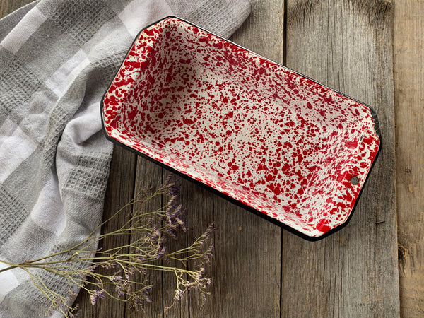 Vintage Red Enamel Splatterware Loaf Pan