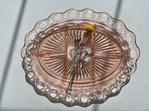 Vintage Individual Anchor Hocking Lace Edge 5-Part Relish Dish - Pink Depression Glass