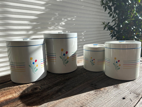 Vintage Set of 4 Japanese Nesting Tulip Design Canisters