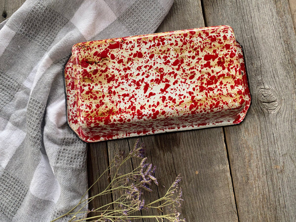 Vintage Red Enamel Splatterware Loaf Pan