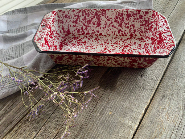 Vintage Red Enamel Splatterware Loaf Pan