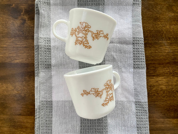 Set of 2 Corningware Milk Glass Oriental Wood Mugs