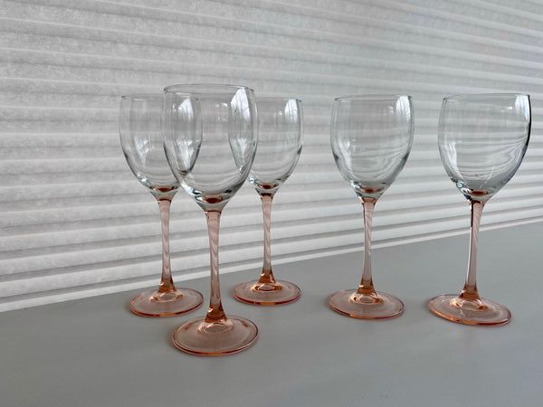 Set of 5 Vintage Luminarc France Pink Stem Wine Glasses