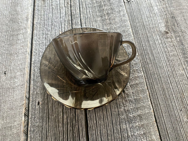 Individual Vintage Vereco Duralex Smoked Glass Swirl Teacup and Saucer