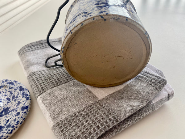 Vintage White and Blue Speckled Cheese Crock