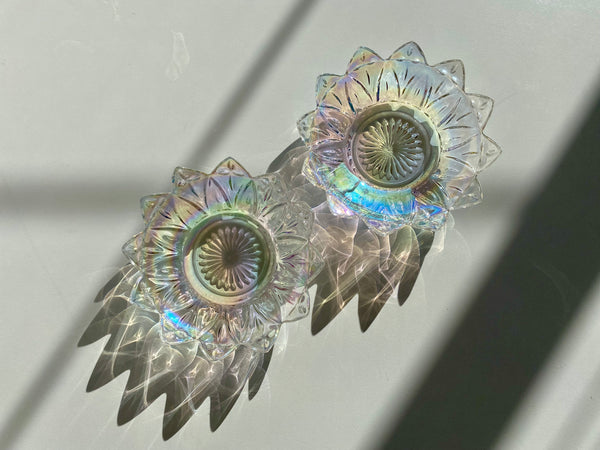 Vintage Set of 2 Federal Glass Iridescent Petal Dishes