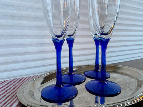 Set of 4 Vintage Libbey Domaine Blue Champagne Glasses