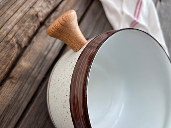 Vintage Brown Speckled Enamel Fondue Pot