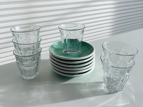 2-Piece Brand New Glass Tumbler and Brand New Teal Saucer