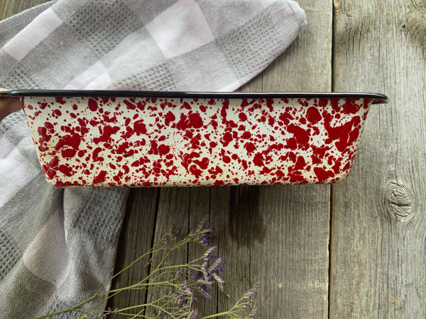 Vintage Red Enamel Splatterware Loaf Pan