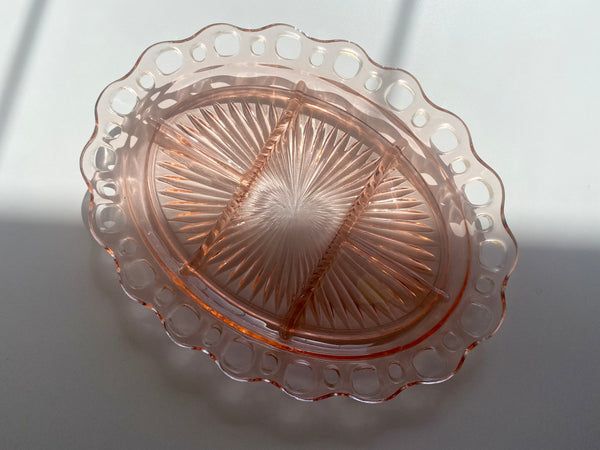 Vintage Individual Anchor Hocking Lace Edge 5-Part Relish Dish - Pink Depression Glass