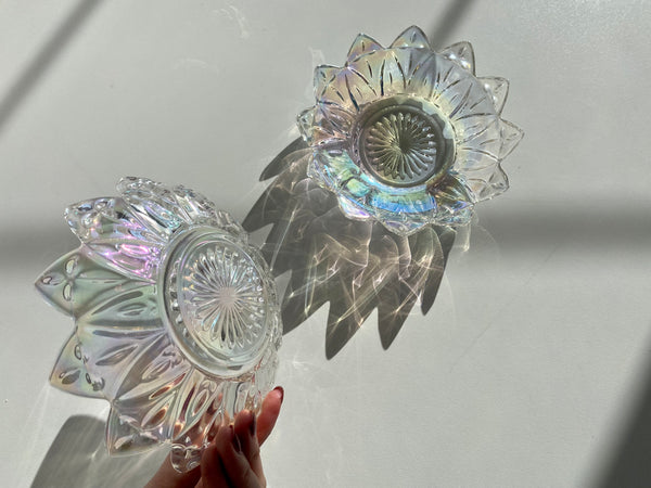 Vintage Set of 2 Federal Glass Iridescent Petal Dishes