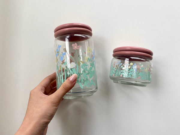 Vintage Ocean Glass Pink Floral Jar Set