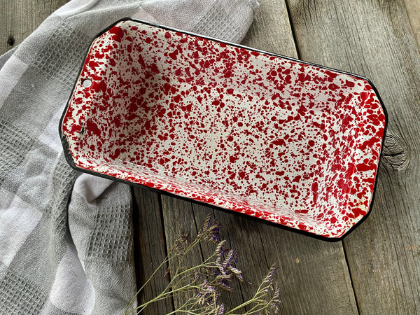 Vintage Red Enamel Splatterware Loaf Pan