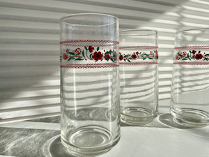 Set of 3 Vintage Red Flowers Drinking Glasses