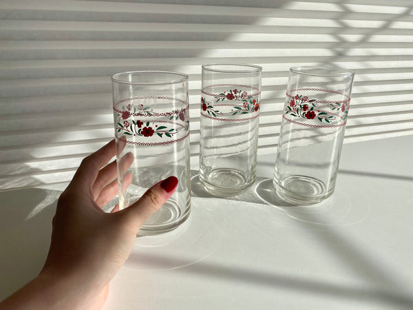 Set of 3 Vintage Red Flowers Drinking Glasses