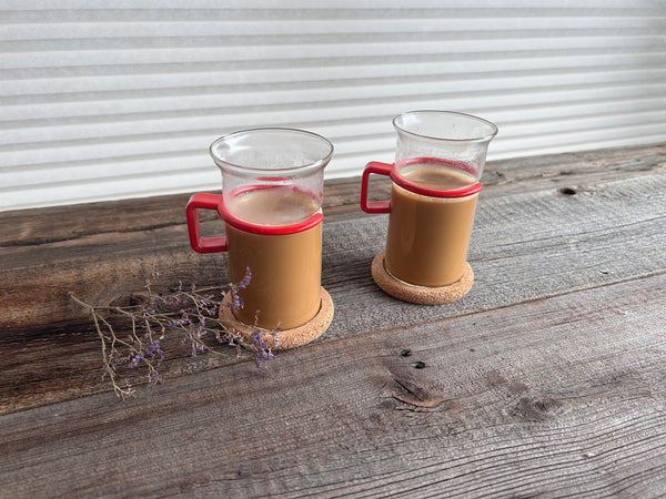 Vintage Set of 2 Bodum Red Handled Glass Mugs With Cork Coasters