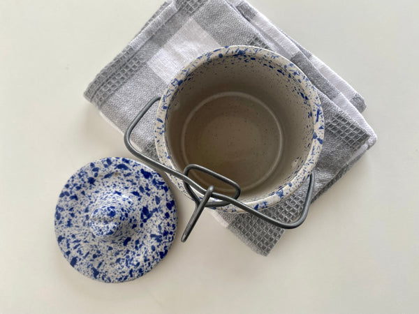 Vintage White and Blue Speckled Cheese Crock