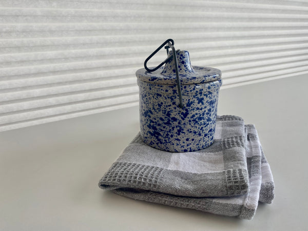 Vintage White and Blue Speckled Cheese Crock