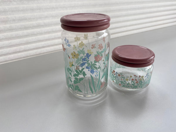 Vintage Ocean Glass Pink Floral Jar Set