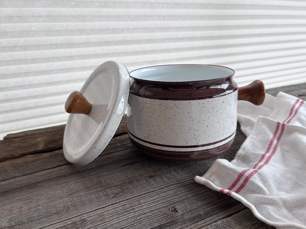 Vintage Brown Speckled Enamel Fondue Pot