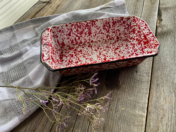 Vintage Red Enamel Splatterware Loaf Pan