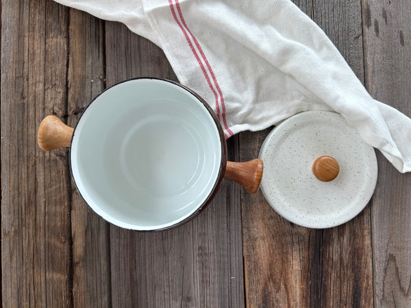 Vintage Brown Speckled Enamel Fondue Pot