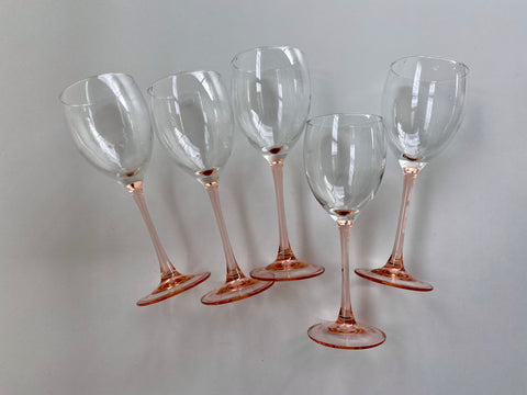 Set of 5 Vintage Luminarc France Pink Stem Wine Glasses