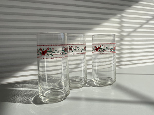 Set of 3 Vintage Red Flowers Drinking Glasses