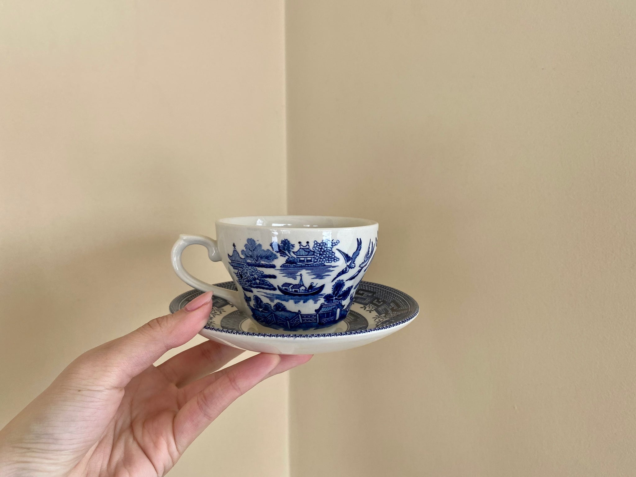 Vintage Individual Churchill Willow Teacup and Saucer (2-Piece)