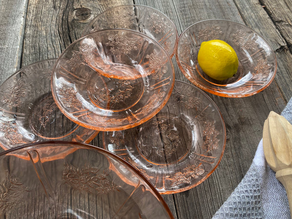 Vintage Federal Glass Sharon Cabbage Rose Pink 6-Piece Salad Bowl Set