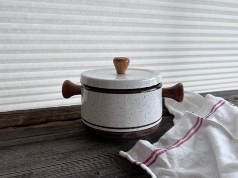 Vintage Brown Speckled Enamel Fondue Pot