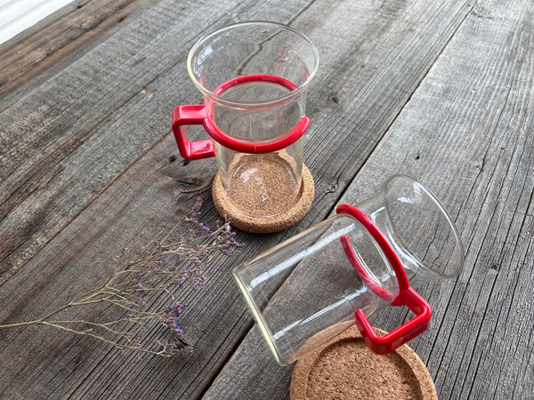 Vintage Set of 2 Bodum Red Handled Glass Mugs With Cork Coasters