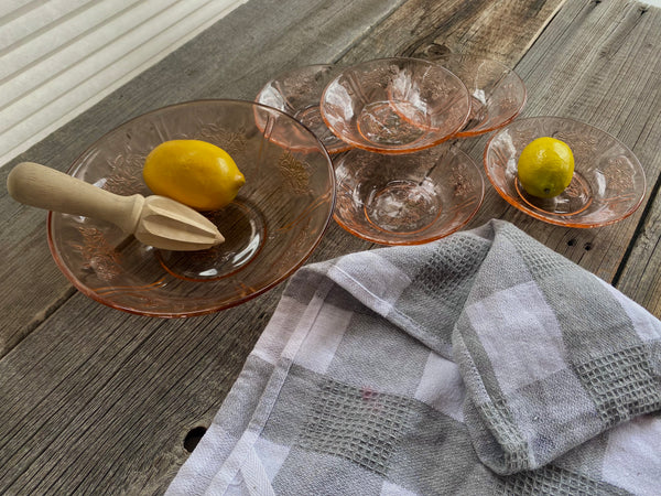 Vintage Federal Glass Sharon Cabbage Rose Pink 6-Piece Salad Bowl Set