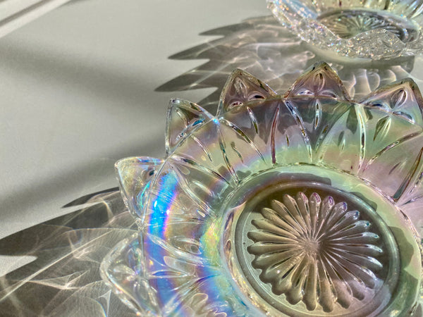 Vintage Set of 2 Federal Glass Iridescent Petal Dishes