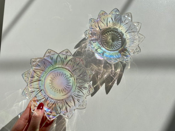 Vintage Set of 2 Federal Glass Iridescent Petal Dishes