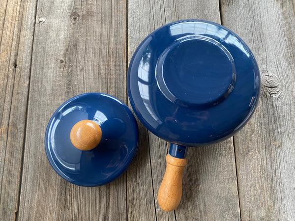 Vintage Enamel Metal Blue Fondue Pot