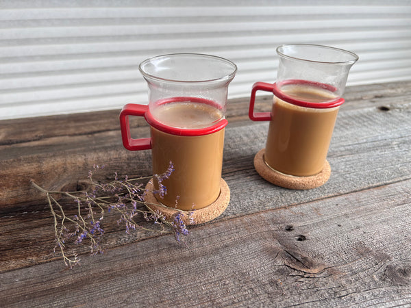 Vintage Set of 2 Bodum Red Handled Glass Mugs With Cork Coasters