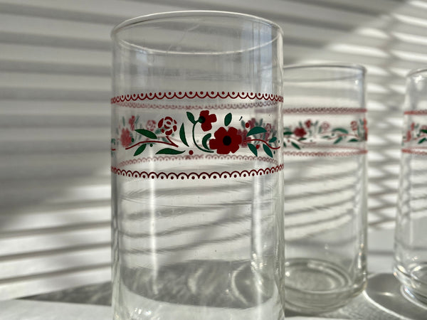 Set of 3 Vintage Red Flowers Drinking Glasses