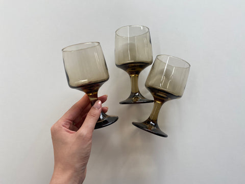 Vintage Set of 3 Smoke Glass Wine Glasses