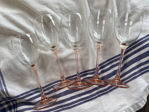 Vintage Pink Stem Wine Glasses Luminarc France Set of 5 Stemware Rosé 