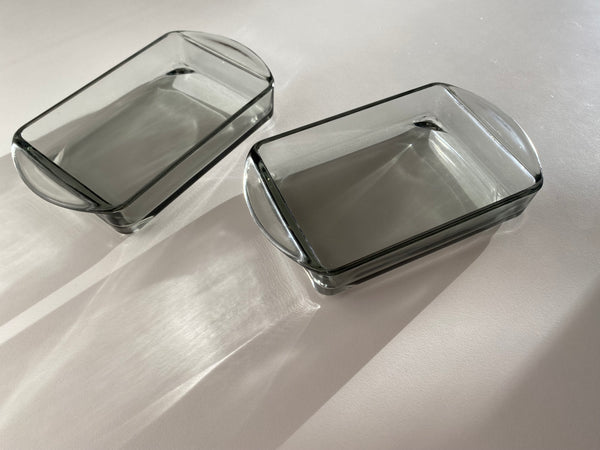 Vintage Set of 2 Stackable Grey Glass Rectangular Dishes