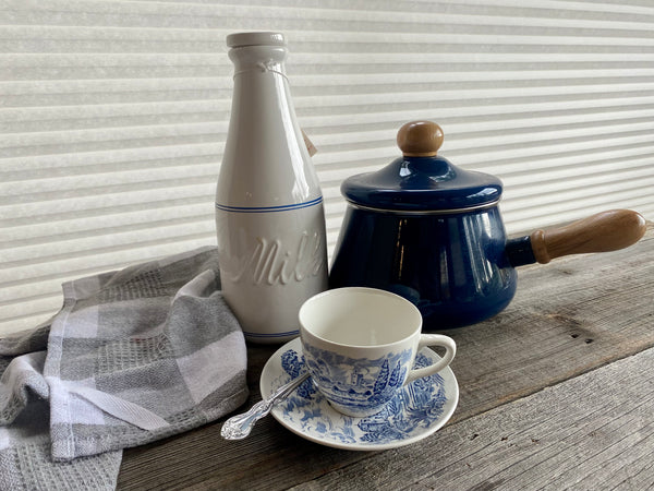 Vintage Enamel Metal Blue Fondue Pot