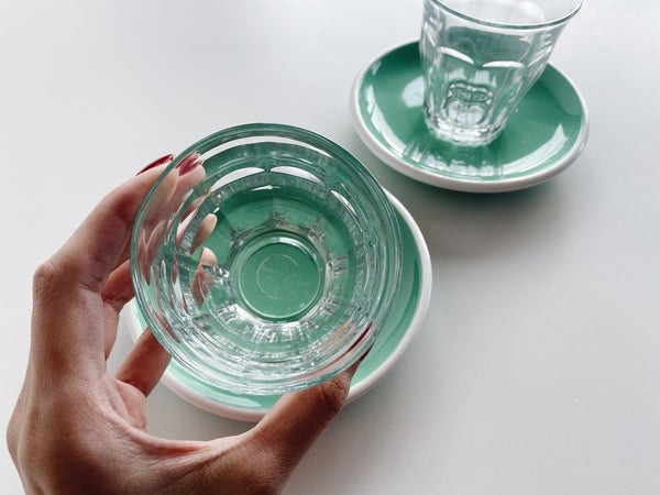 2-Piece Brand New Glass Tumbler and Brand New Teal Saucer