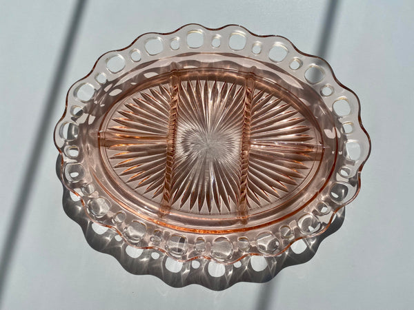 Vintage Individual Anchor Hocking Lace Edge 5-Part Relish Dish - Pink Depression Glass