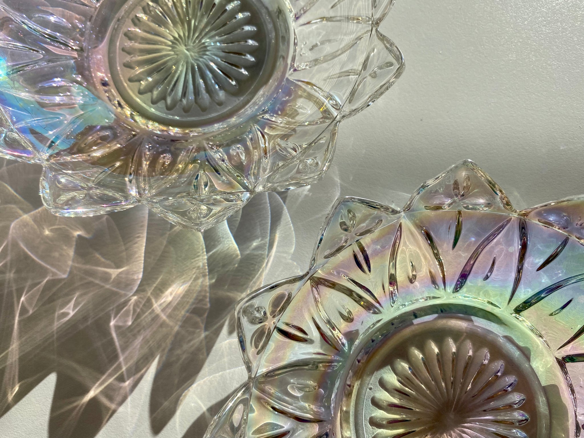 Vintage Set of 2 Federal Glass Iridescent Petal Dishes