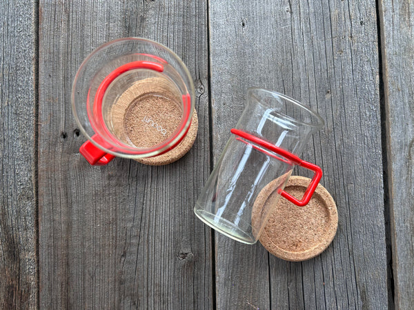 Vintage Set of 2 Bodum Red Handled Glass Mugs With Cork Coasters